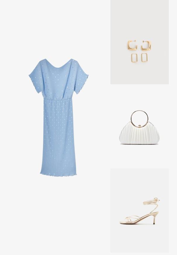 Vestido midi azul claro con mangas cortas acampanadas, cintura elástica, plisados verticales y un sutil patrón de puntos blancos y plateados dispersos.; Sandalia dorada de tiras con un tacón bajo de aguja y correas alrededor del tobillo que se atan con un lazo sobre un fondo blanco.; Bolso de mano blanco plisado con un asa circular dorada, que presenta un tejido suave y una forma redondeada. Diseño elegante con un acabado texturizado.; Dos pares de pendientes de aro geométricos en tono dorado sobre una superficie blanca lisa, un par cuadrados y sólidos, un par rectangulares y huecos.