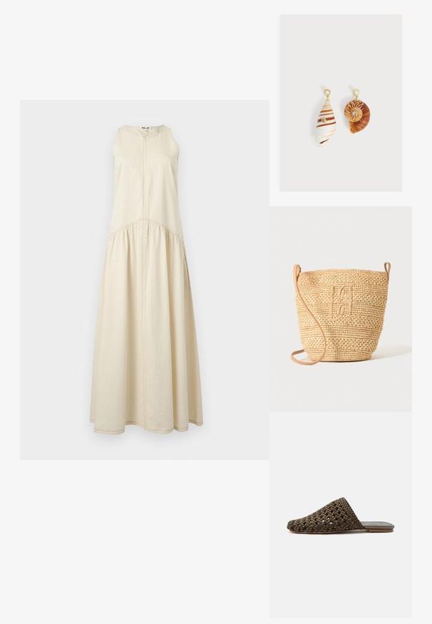 Robe beige sans manches avec une fermeture éclair, dotée d'une jupe froncée et de coutures contrastantes, confectionnée en mélange de coton doux.; Mule tissée marron à enfiler avec une semelle plate et un bout fermé arrondi sur fond blanc.; Sac seau en paille tressée avec motif texturé et bandoulière en cuir, présenté debout sur un fond clair uni.; Boucles d'oreilles asymétriques avec pendentifs en coquillages, clous dorés avec dessus en perle et petites pierres précieuses transparentes incrustées sur chaque coquillage.