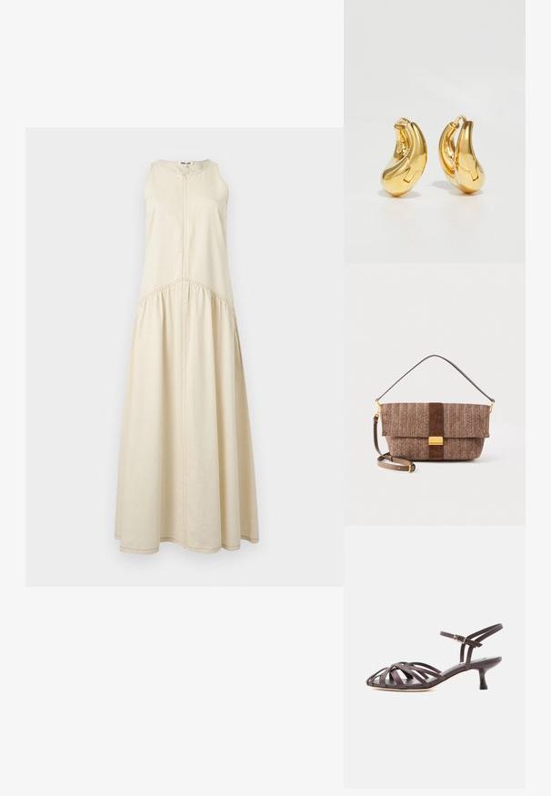 Robe beige sans manches avec une fermeture éclair, dotée d'une jupe froncée et de coutures contrastantes, confectionnée en mélange de coton doux.; Sandale à talon kitten en cuir marron foncé avec lanières et bride de cheville réglable à boucle sur fond blanc.; Sac à main marron à motif chevrons avec accents en daim, ferrures dorées, bandoulière amovible et fermeture par rabat pliant.; Boucles d'oreilles en or en forme de d'anneaux lisses et courbés avec une finition polie. Équipées d'un mécanisme de fermeture et de légères indentations pour le détail.