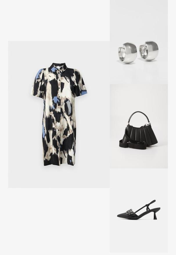 Schwarzes, weißes und blaues, abstraktes Muster Kurzarmhemdkleid mit Knopfleiste und kragenlosen Ausschnitt, aus leichtem Stoff.; Simmi London DALA - Pumps - black; Schwarze, gefaltete Handtasche mit einem runden Griff, verstellbarem Schulterriemen und glänzender Textur. Verfügt über silberne Hardware und eine strukturierte Silhouette.; Uncommon Matters SCULPTURAL LARGE CREOLE - Ohrringe - silver-coloured