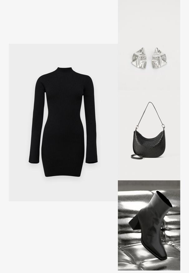 Robe noire en maille côtelée à manches longues, avec un col haut et une silhouette ajustée, présentant une texture lisse et une longueur mi-cuisse.; Botte noire à la cheville en matériau brillant avec un bout carré et un talon effilé, sur un fond argenté brillant et capitonné.; Sac à main tissé noir avec une forme courbée, une fermeture éclair et une longue sangle réglable. La finition texturée met en valeur les détails de sa surface.; Boucles d'oreilles en métal argenté avec un design ondulé et sculptural, présentant une finition polie et des formes irrégulières, mettant en valeur une esthétique contemporaine.