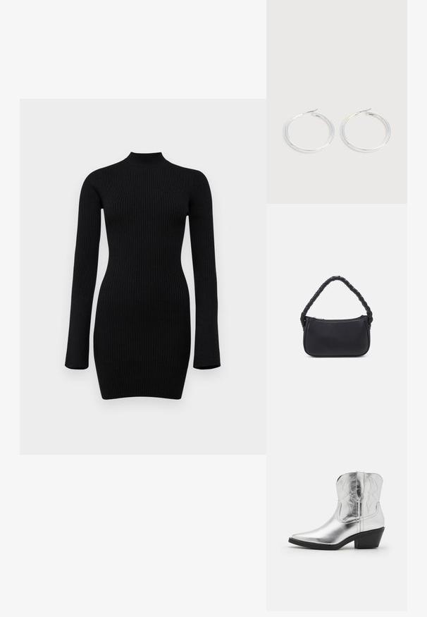 Vestido de punto negro de canalé de manga larga con un cuello alto y una silueta ajustada, con una textura suave y una longitud hasta el medio muslo.; Botas de vaquero de cuero plateado con puntera afilada, detalles bordados en el eje y un tacón negro moderado. Superficie lisa y brillante.; Bolso negro de forma redondeada, hecho de material liso. Presenta un asa trenzada y un cierre de cremallera para un almacenamiento seguro.; Pareja de pendientes de aro plateados brillantes con cierres de alambre delgado, mostrados sobre un fondo gris claro.