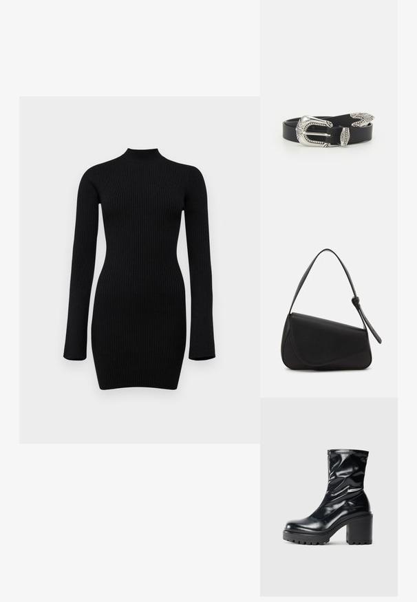 Schwarz gerippter Strick-Longsleeve-Kleid mit hohem Kragen und figurbetontem Schnitt, das eine glatte Textur und eine Länge bis zur Mitte des Oberschenkels aufweist.; Schwarze Lederstiefel bis zur Mitte der Wade mit robustem Blockabsatz und geriffelter Sohle, im Profil auf einem schlichten hellen Hintergrund dargestellt.; Schwarze Lederhandtasche mit dreieckiger Form, schrägem Klappdeckel und rundem Oberhandgriff. Verfügt über eine glatte Textur und minimalistische Designdetails.; Schwarzer Ledergürtel mit einer großen silbernen Metallschnalle, die über feine Verzierungen und dekorative Akzente an beiden Enden verfügt.