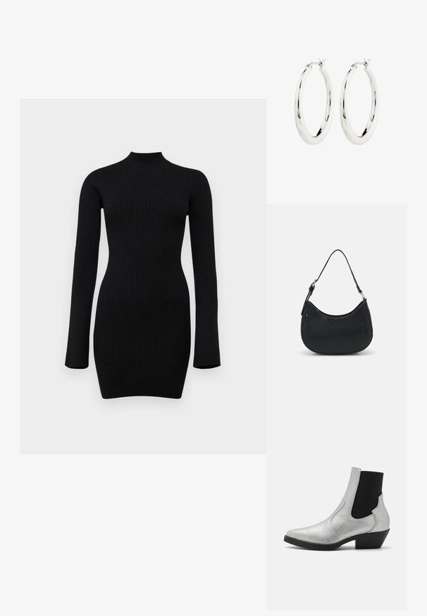 Vestido de punto negro de canalé de manga larga con un cuello alto y una silueta ajustada, con una textura suave y una longitud hasta el medio muslo.; ONLY SHOES ONLBRONCO SHORT - Botines camperos - silver; Bolso hobo negro hecho de cuero suave con una silueta curva, que cuenta con una sola correa ajustable y detalles de diseño minimalistas.; Pendientes de aro de plata con un acabado suave y brillante. Forma circular, con un cierre seguro. Diseño sencillo y elegante.