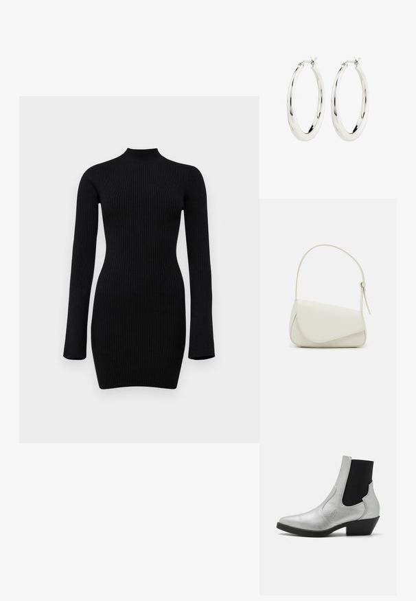 Vestido de punto negro de canalé de manga larga con un cuello alto y una silueta ajustada, con una textura suave y una longitud hasta el medio muslo.; ONLY SHOES ONLBRONCO SHORT - Botines camperos - silver; Bolso de mano de imitación cuero blanco con una forma triangular estructurada, correa ajustable única y cierre con solapa acentuada en curva.; Pendientes de aro de plata con un acabado suave y brillante. Forma circular, con un cierre seguro. Diseño sencillo y elegante.