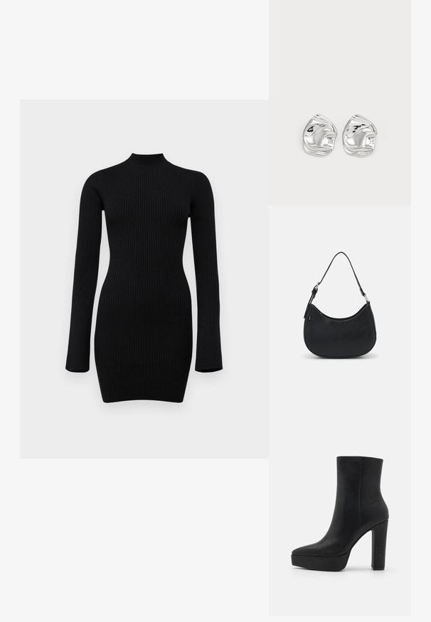 Robe noire en maille côtelée à manches longues, avec un col haut et une silhouette ajustée, présentant une texture lisse et une longueur mi-cuisse.; Bottine noire en cuir texturé, avec un bout pointu, une plateforme épaisse et un talon bloc haut. Surface lisse, détails minimalistes.; Sac hobo noir en cuir lisse avec une silhouette arrondie, doté d'une seule sangle ajustable et de détails de design minimalistes.; Boucles d'oreilles en forme abstraite argentées avec une finition poli, présentant des courbes lisses et des contours subtils. Pas de motifs ou d'accents visibles.