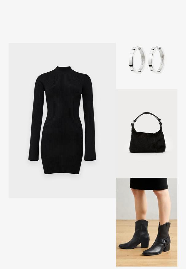 Schwarz gerippter Strick-Longsleeve-Kleid mit hohem Kragen und figurbetontem Schnitt, das eine glatte Textur und eine Länge bis zur Mitte des Oberschenkels aufweist.; Schwarze Leder-Stiefeletten mit spitzem Zehenbereich, Reißverschluss, geschwungenem Absatz und einem dekorativen Riemen mit metallischen Akzenten.; Schwarze Kunstfell-Handtasche mit weicher Textur, runder Form und einem stabilen schwarzen Leder-Schulterriemen. Sichtbare silberne Hardware-Akzente.; Ein Paar polierte silberne Creolen mit Scharnierverschluss, innen mit dem Markennamen „PILGRIM“ graviert.