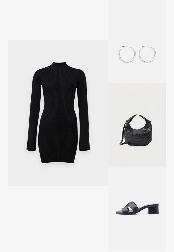 Schwarz gerippter Strick-Longsleeve-Kleid mit hohem Kragen und figurbetontem Schnitt, das eine glatte Textur und eine Länge bis zur Mitte des Oberschenkels aufweist.; Schwarze offene Sandale mit Absatz, Blockabsatz und ausgeschnittenen Lederriemen mit weißen Ziernähten.; Schwarze gewebte Lederhandtasche mit kurzem Griff und abnehmbarem Schulterriemen, präsentiert vor einem schlichten hellen Hintergrund.; Silberne Creolen zeichnen sich durch ein glattes, rundes Design mit einem schlanken Profil und einem sicheren Verschluss aus. Minimalistischer Stil mit glänzender Oberfläche.
