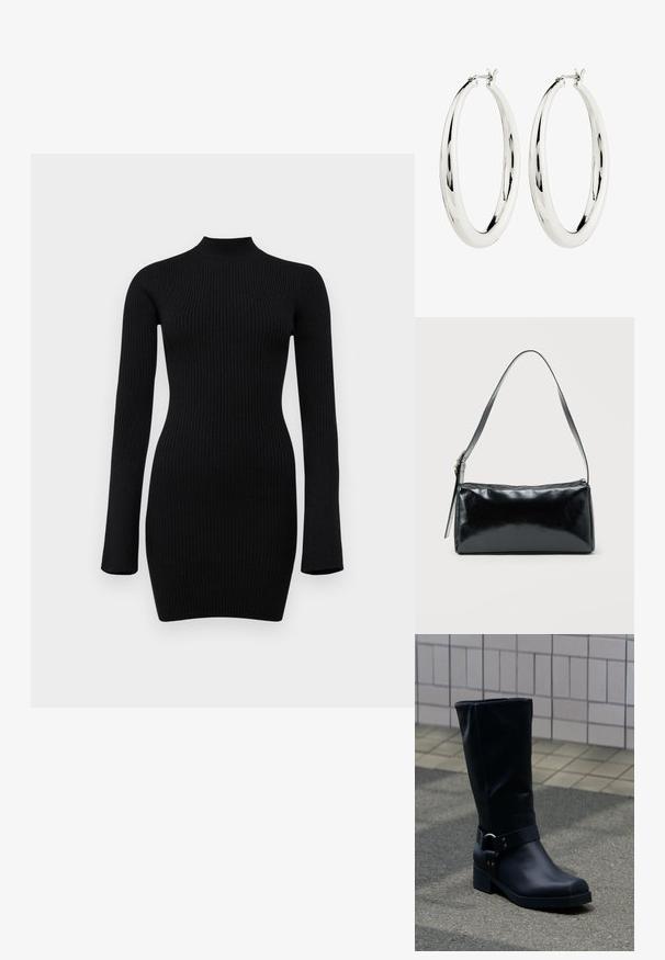 Schwarz gerippter Strick-Longsleeve-Kleid mit hohem Kragen und figurbetontem Schnitt, das eine glatte Textur und eine Länge bis zur Mitte des Oberschenkels aufweist.; Schwarzer Lederstiefel bis zur Mitte der Wade mit niedrigem Blockabsatz und dekorativem Riemen mit Metallschnalle um den Knöchel, auf einem gefliesten Gehweg.; Schwarze rechteckige Schultertasche mit einem verstellbaren Riemen und einem oberen Reißverschluss vor einfachem Hintergrund.; Silberne Creolen mit einer glatten, reflektierenden Oberfläche. Runde, große Form mit einem sicheren Verschluss an der Oberseite. Polierte Oberfläche betont den Glanz.