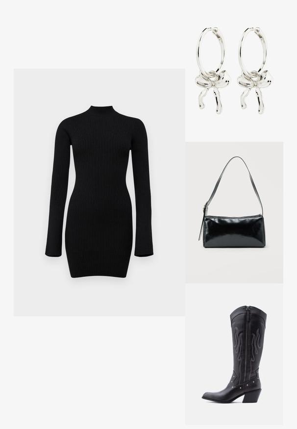 Vestido de punto negro de canalé de manga larga con un cuello alto y una silueta ajustada, con una textura suave y una longitud hasta el medio muslo.; Botas vaqueras de cuero negro con puntera puntiaguda, costuras visibles, detalles de tachuelas plateadas y cierre de cremallera en el lado interior.; Bolso de hombro rectangular negro con una correa ajustable y un cierre de cremallera superior sobre un fondo liso.; Pendientes de aro de plata con un detalle de lazo en el centro, que exhiben un acabado pulido y una textura suave.