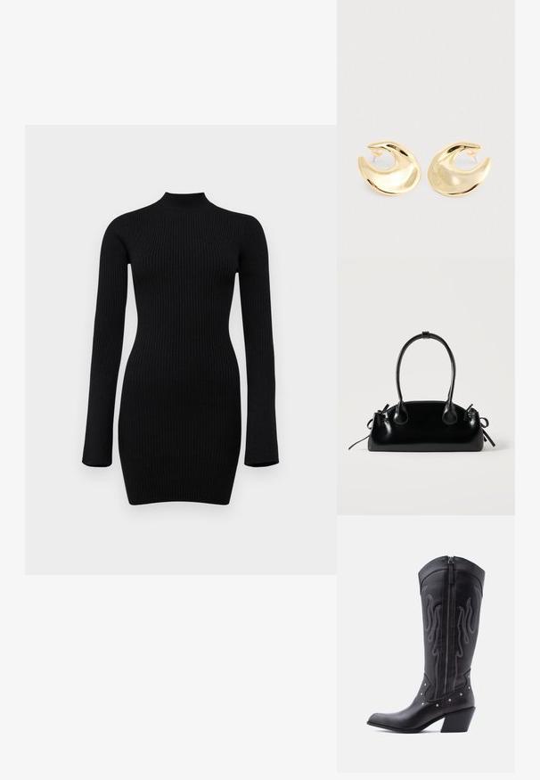 Schwarz gerippter Strick-Longsleeve-Kleid mit hohem Kragen und figurbetontem Schnitt, das eine glatte Textur und eine Länge bis zur Mitte des Oberschenkels aufweist.; Schwarze Cowboy-Stiefel aus Leder mit spitzer Zehenpartie, sichtbarer Nahtführung, silbernen Nietenakzenten und Reißverschluss auf der Innenseite.; Kleine schwarze glänzende Handtasche mit zwei langen Griffen und seitlichen Kordelzug-Details vor einfachem hellem Hintergrund.; Ein Paar glänzende goldene, halbmondförmige Ohrstecker mit klaren Kunststoffverschlüssen auf einer hellgrauen Oberfläche.