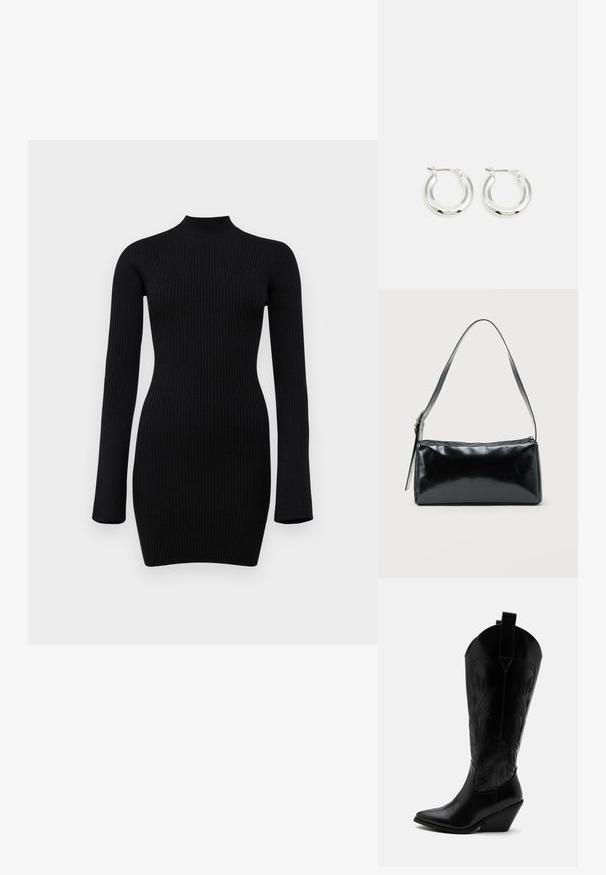 Robe noire en maille côtelée à manches longues, avec un col haut et une silhouette ajustée, présentant une texture lisse et une longueur mi-cuisse.; Botte de cowboy en cuir noir avec bout pointu, talon bloc incliné, couture décorative et languettes en haut sur fond blanc.; Sac d'épaule rectangulaire noir avec une sangle réglable unique et une fermeture éclair supérieure sur un fond uni.; Boucles d'oreilles en argent avec une finition polie, présentant une forme circulaire et une fermeture à charnière. Texture lisse avec un minimum de détails.