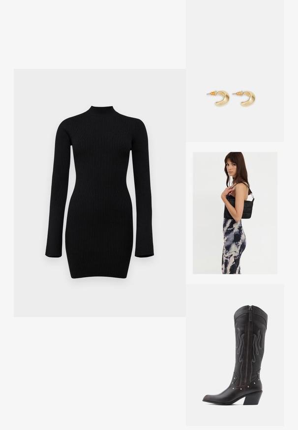 Schwarz gerippter Strick-Longsleeve-Kleid mit hohem Kragen und figurbetontem Schnitt, das eine glatte Textur und eine Länge bis zur Mitte des Oberschenkels aufweist.; Braune Cowboy-Stiefel aus Leder mit Flammenstickerei, seitlichem Reißverschluss, silbernen Nieten, spitzer Zehenpartie und geschichtetem Absatz.; Schwarze gesteppte Schultertasche mit einem einzelnen Riemen und silberner Hardware, kombiniert mit einem figurbetonten Kleid im Batikmuster in Schwarz- und Cremetönen.; Goldene, mondförmige Ohrringe mit glatter Oberfläche, die orangefarbene Akzente nahe dem Stecker und silberne Beschläge aufweisen.