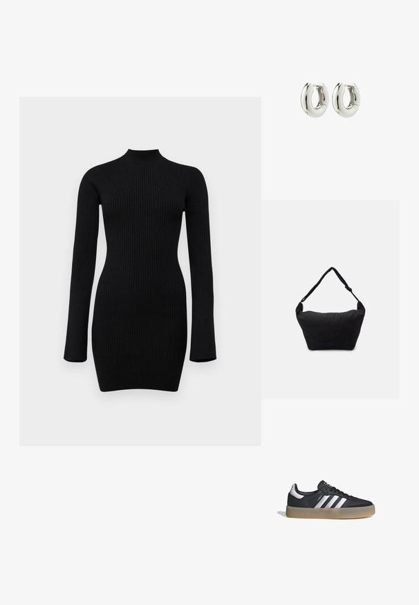 Vestido de punto negro de canalé de manga larga con un cuello alto y una silueta ajustada, con una textura suave y una longitud hasta el medio muslo.; Zapatilla deportiva de cuero negro con tres rayas plateadas, punta texturizada y suela de goma. Cuenta con un collar acolchado y un diseño con cordones.; Bolso de hombro de tela negro con una superficie suave y texturizada, forma redondeada y una sola correa. Diseño minimalista sin hardware ni acentos visibles.; Pendientes de aro de plata con un diseño suave y redondeado y un acabado brillante. Presentan un cierre de bisagra sencillo para facilitar su uso.