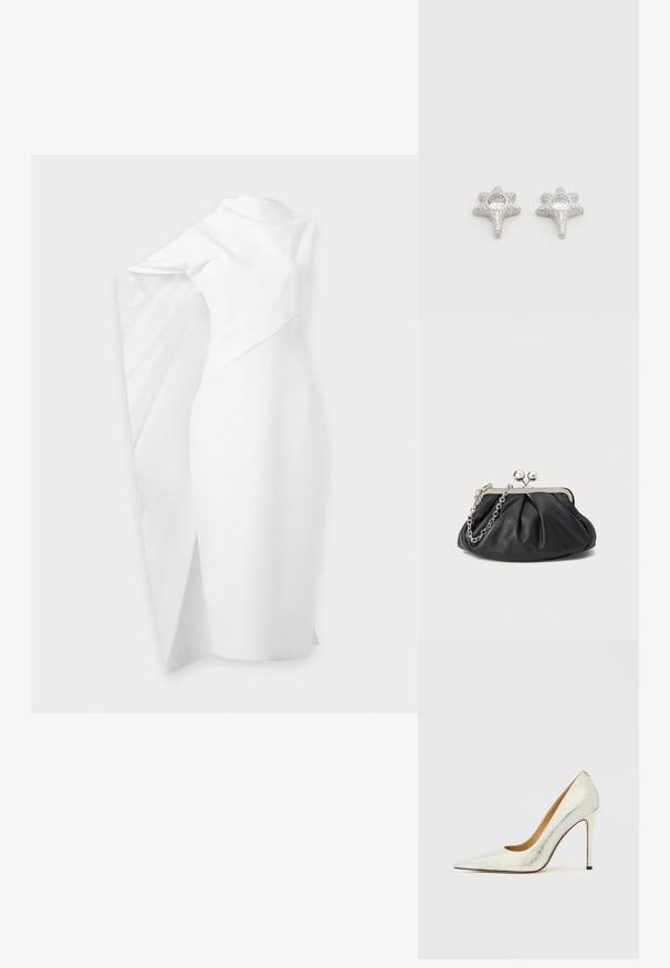 Robe blanche asymétrique avec une silhouette ajustée et une cape dramatique drapée sur un bras, longueur au genou avec une fente subtile sur un côté.; Chaussure à talon haut en cuir blanc avec un bout pointu et une finition texturée. Dotée d'un talon aiguille élancé et d'une doublure intérieure lisse.; Porte-monnaie en cuir noir avec texture froncée, cadre en métal argenté, fermeture à verrouillage kiss-lock et bandoulière en chaîne. Surface lisse et douce.; Boucles d'oreilles argentées en forme d'étoile avec surface texturée, présentant une pierre précieuse ronde et claire au centre. Finition scintillante qui rehausse l'attrait visuel.