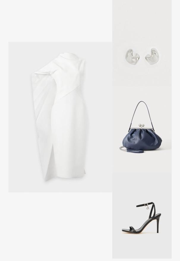Robe blanche asymétrique avec une silhouette ajustée et une cape dramatique drapée sur un bras, longueur au genou avec une fente subtile sur un côté.; Sandale à talon haut noire avec une bride étroite à la cheville, bout carré, cuir lisse et accent de boucle métallique.; Sac à main en cuir bleu marine doux avec fermeture à boucle argentée, une seule bandoulière, et une chaîne de poignet amovible sur fond blanc.; Boucles d'oreilles en métal argenté au design lisse et incurvé. Finition brillante, avec deux formes asymétriques qui s'entrelacent partiellement.