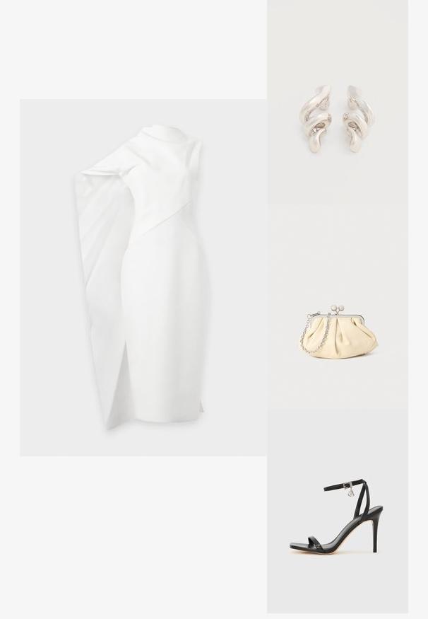 Robe blanche asymétrique avec une silhouette ajustée et une cape dramatique drapée sur un bras, longueur au genou avec une fente subtile sur un côté.; Sandale à talon haut noire avec une bride étroite à la cheville, bout carré, cuir lisse et accent de boucle métallique.; Pochette en cuir beige plissé avec un cadre en métal argenté, dotée de deux fermoirs ronds décoratifs et d'une chaîne en argent.; Boucles d'oreilles clips en métal argenté torsadé avec une finition lisse et brillante, présentant un design moderne et abstrait en spirale.