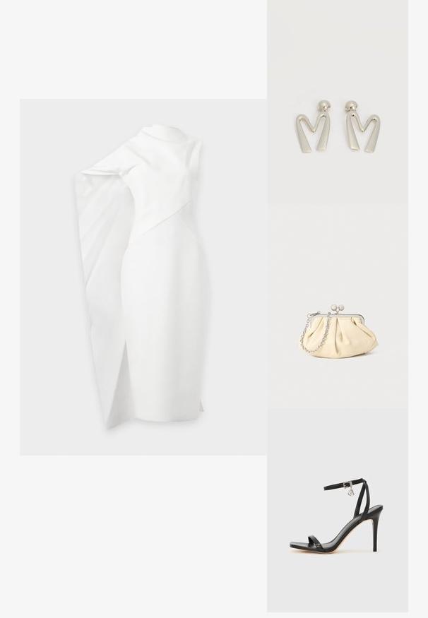 Robe blanche asymétrique avec une silhouette ajustée et une cape dramatique drapée sur un bras, longueur au genou avec une fente subtile sur un côté.; Sandale à talon haut noire avec une bride étroite à la cheville, bout carré, cuir lisse et accent de boucle métallique.; Pochette en cuir beige plissé avec un cadre en métal argenté, dotée de deux fermoirs ronds décoratifs et d'une chaîne en argent.; Paire de boucles d'oreilles en métal argenté en forme de lettre M angulaire avec des tiges arrondies sur fond blanc.