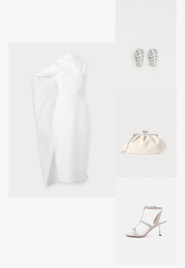 Robe blanche asymétrique avec une silhouette ajustée et une cape dramatique drapée sur un bras, longueur au genou avec une fente subtile sur un côté.; Sandale à talons hauts argentée avec des brides, boucle à la cheville et bout ouvert, présentée sur un fond blanc uni.; Pochette en tissu crème avec un design froncé, cadre en métal argenté, deux boules décoratives, et une bandoulière chaîne argentée.; Boucles d'oreilles en clip argentées avec un design en spirale, présentant une texture métallique lisse et des formes arrondies. Pas d'embellissements ou de motifs visibles.