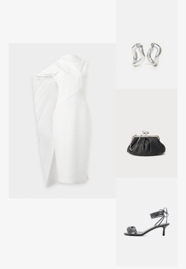 Robe blanche asymétrique avec une silhouette ajustée et une cape dramatique drapée sur un bras, longueur au genou avec une fente subtile sur un côté.; Sandale à talon en cuir gris avec une bride nouée sur les orteils et des lacets enroulants autour de la cheville, sur un talon moyen et fin, sur fond blanc.; Porte-monnaie en cuir noir avec texture froncée, cadre en métal argenté, fermeture à verrouillage kiss-lock et bandoulière en chaîne. Surface lisse et douce.; Boucles d'oreilles créoles argentées avec un design torsadé. Bords arrondis et finition brillante. Fermoirs ouverts pour un port facile. Texture lisse sur toute la surface.