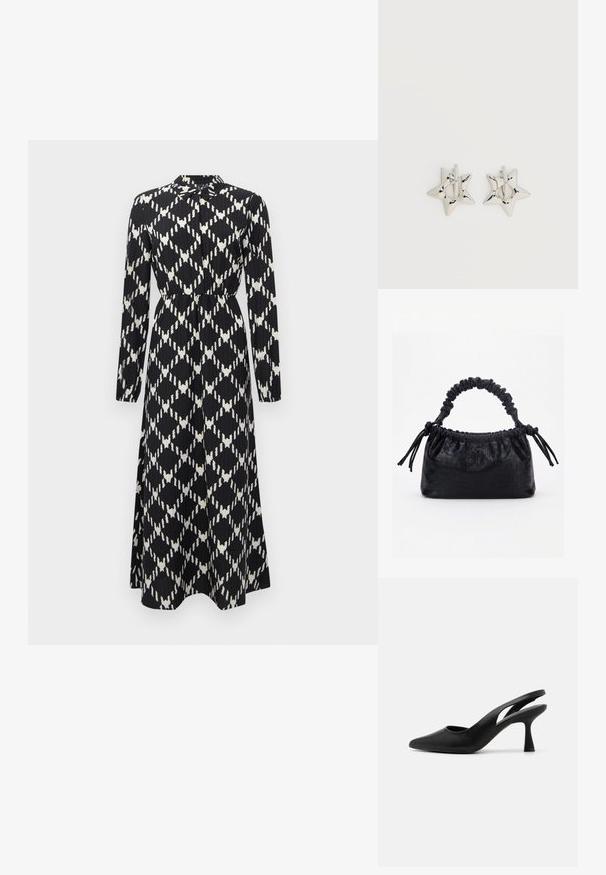 Mustvalge pikade varrukatega maksimekleid, millel on geomeetriline teemantmuster, vöökoha rõhutamine ja nööbiga kaelus.; Mustad mustamatt slingback kingad terava varbaga, valmistatud siledast nahast. Omab lõikega disaini ja tugevat, kitsenevat kanna.; Must käekott krokodillinaha tekstuuriga, voltis ülaservaga, kogutud sangaga ja kummipaeladega tutsidega igal küljel valgel taustal.; Hõbedast tähekujulised rõngaskõrvarõngad, millel on sile ja poleeritud viimistlus, tavalise valge taustaga.