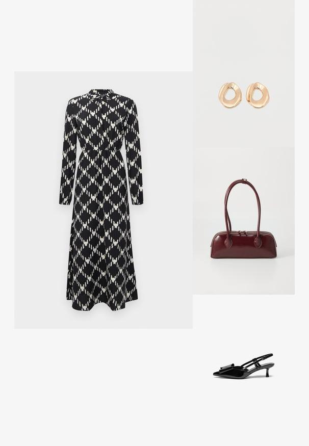 Zwart-wit lange mouwen maxi-jurk met geometrisch diamanten patroon, cinched taille en knoopsluiting bij de kraag.; Zwarte gepatineerde lederen slingback hakken met een puntige neus, een strikdetail aan de voorkant en een kleine stilettohak. De bandjes hebben verstelbare gespen.; Bordeaux leren handtas met een gebogen vorm, dubbele handvatten, ritssluiting en subtiele stiksels. Gladde, hoogglanzende afwerking.; Set van onregelmatig gevormde, gepolijste hoepel oorbellen van goudkleurig metaal met een open midden op een effen witte achtergrond.