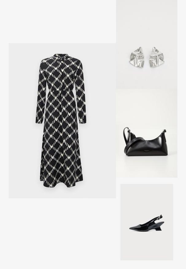 Zwart-wit lange mouwen maxi-jurk met geometrisch diamanten patroon, cinched taille en knoopsluiting bij de kraag.; Zwarte lakleren slingback schoen met puntige neus en lage schuine blokhak op witte achtergrond.; Zwarte leren handtas met een gladde textuur. Beschikt over een verstelbare schouderband en een strak, minimalistisch ontwerp met een ritssluiting.; Zilveren metalen oorbellen met een golvend, sculpturaal ontwerp, voorzien van een gepolijste afwerking en onregelmatige vormen, die een hedendaagse esthetiek benadrukken.