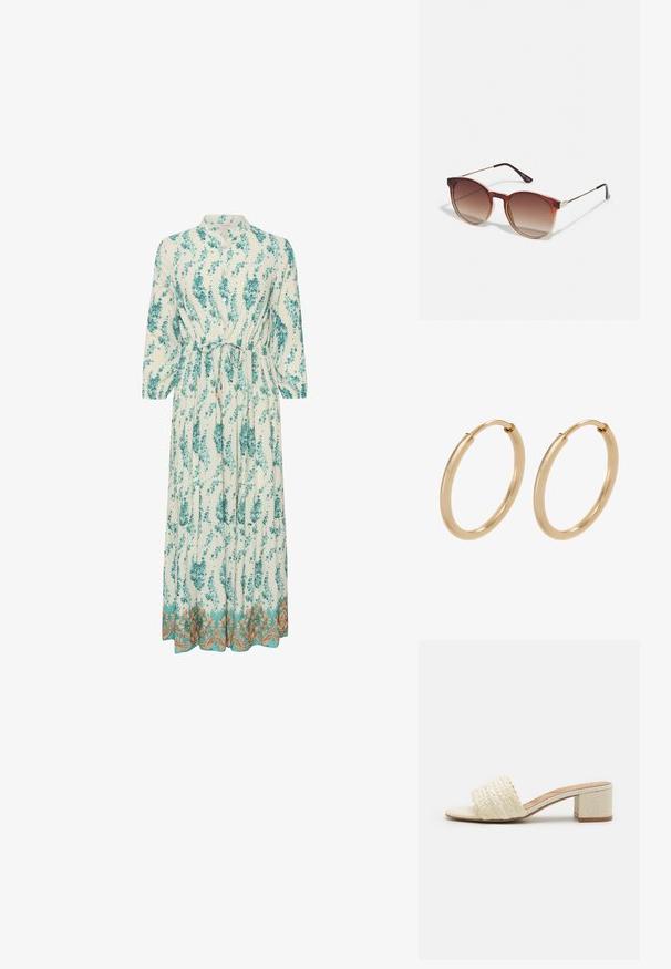 Lange, lichte jurk met een bloempatroon in teal en wit. Kenmerkt zich door een hoge halslijn, lange mouwen en een decoratieve gouden zoom.; ALDO CLAUDINA - Muiltjes - white/bone; Ronde zonnebril met een briljant bruine gradient lens, een hoornachtige acetaat montuur en gouden metalen accenten op de brug en de veren.; Gouden creolen met een gladde, gepolijste afwerking. Ronde vorm, middelgrote maat, met een veilige sluitmechanisme.