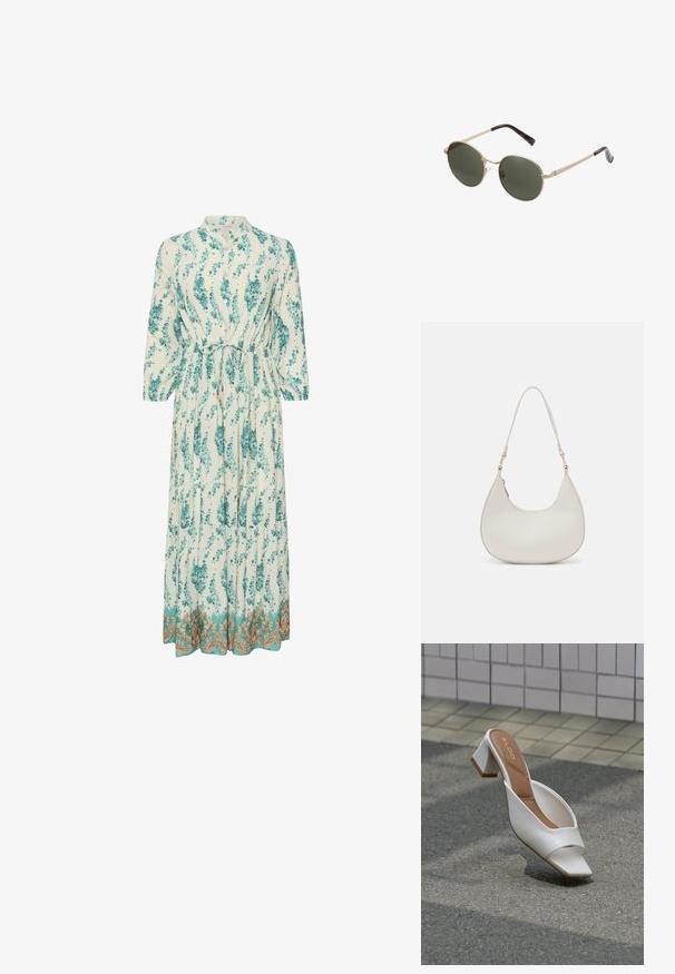 Vestido largo y ligero con un patrón floral en verde azulado y blanco. Presenta un escote alto, mangas largas y un dobladillo decorativo dorado.; Mule blanco de punta abierta con tacón bloque y plantilla marrón con la etiqueta "ALDO", posicionado sobre asfalto con fondo de pared de azulejos.; Gafas de sol redondas con montura metálica dorada y lentes verde oscuro. Las varillas presentan un diseño de carey para añadir un detalle extra.; Bolso de hombro de cuero crema con forma de media luna, correa delgada y sutil detalle de costuras. Diseño minimalista con acentos de hardware en tono dorado.