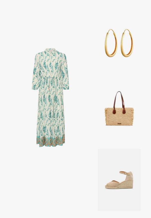 Vestido largo y ligero con un patrón floral en verde azulado y blanco. Presenta un escote alto, mangas largas y un dobladillo decorativo dorado.; Castañer BIANCA - Alpargatas - sand; Bolso rectangular tejido de paja con asas de cuero marrón y laterales con flecos, con una pequeña etiqueta frontal.; Pendientes de aro en tono dorado con forma ovalada alargada y suave, acabado pulido y un diseño ligero.