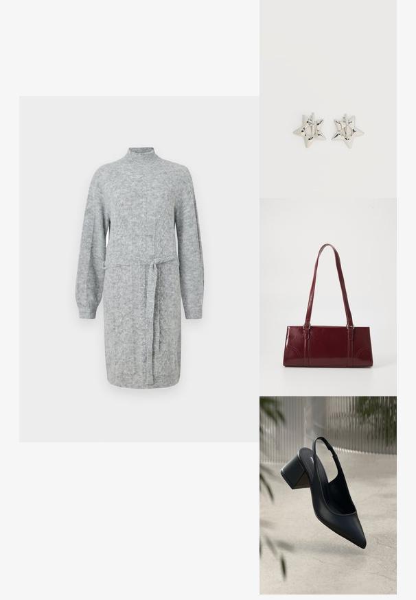 Hall värvitud kudumkleit kõrge kaeluse, pikkade varrukate ja vööga taljes. Kanga materjal on tekstureeritud ja siluett on mugav.; Must musta slingback-kreen, millel on terav nina ja plokknina. Sile tekstuur, minimaalne disain ja reguleeritav pahkluu rihm.; Burgundia värvi käekott, mis on valmistatud läikivast materjalist, ristküliku kujuline, kahe õlapaelaga ning ees on peened kaarjad aktsendid.; Hõbedast tähekujulised rõngaskõrvarõngad, millel on sile ja poleeritud viimistlus, tavalise valge taustaga.