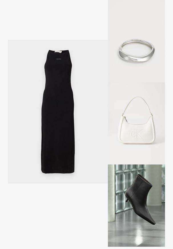 Vestido largo sin mangas de color negro en un tejido suave, con un escote alto y una silueta sencilla. Marca sutil en el pecho.; Bota de cuero negro para el tobillo con puntera puntiaguda y tacón pequeño, exhibida frente a una pared de bloques de vidrio y un suelo pulido.; Bolso de mano de cuero blanco con forma curvada, con un logo "CK" en relieve en la parte delantera y una sola correa para el hombro. Cierre de cremallera en la parte superior.; Brazalete de metal plateado con un diseño liso y curvado. El acabado pulido y los bordes redondeados crean una apariencia uniforme.