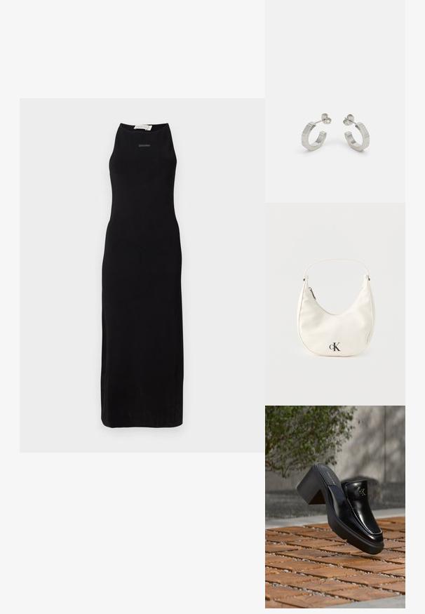 Zwarte mouwloze maxi-jurk van een zachte stof, met een hoge halslijn en een eenvoudige silhoeet. Subtiele merkvermelding op de borst.; Zwarte leren Calvin Klein slip-on mule met blokhak rustend op houten tegels buiten, vlak bij een groene plant en een grijze muur.; Kleine witte handtas in de vorm van een halve maan met een kort hengsel, ritssluiting en zwart "cK" logo aan de voorkant.; Zilveren metalen hoepel oorbellen met een gestructureerd ontwerp, voorzien van een kleine post achter en branding op een van de hoepels. Ronde vorm met een gepolijste afwerking.