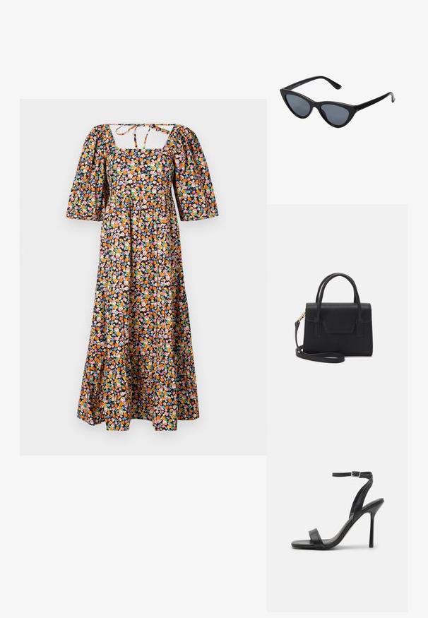 Bloemrijke maxi-jurk met een vierkante halslijn, pofmouwen en een getailleerde bovenkant. Heeft een zwarte achtergrond met meerkleurige bloemmotieven.; Zwarte hoge hakken sandaal met een slanke enkelband en twee voorste banden. Gemaakt van soepel leer met een slanke puntneus en een stiletteloze hak.; Zwarte cat-eye zonnebril met donkergrijze lenzen, slank plastic frame, puntige hoeken en rechte pootjes. Geen zichtbare hardware of accenten.; Zwarte gestructureerde handtas van leer met een bovenhandvat, een afneembare schouderriem en een voorflapdetail. Gouden hardwareaccenten.