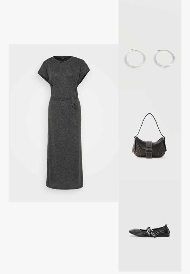 Maxikleid in Dunkelgrau, aus weichem, strukturiertem Material gefertigt. Verfügt über kurze Ärmel, einen runden Ausschnitt und einen Bindegürtel in der Taille.; Schwarze Leder-Ballerinas mit spitzem Zehenbereich, gerafften Details am Schaft und einem silbernen Schnallenakzent am verstellbaren Riemen.; Schwarze Leder-Schultertasche mit Schnallengurt-Detail, abgerundeten Kanten und kontrastierenden weißen Nähten auf schlichtem Hintergrund.; Silberne Metallcreolen mit glatter, leicht gebogener Oberfläche und Klappverschluss vor schlicht weißem Hintergrund.