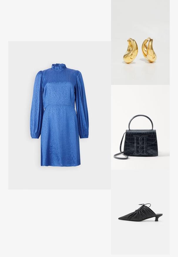 Robe bleue avec de longues manches bouffantes, un col haut à volants et un motif floral texturé. Le tissu a un éclat lisse et une taille cintrée.; Mules noirs en cuir à enfiler avec un bout pointu, une texture froncée et un petit talon aiguille. Présente un détail à cordon au niveau de l'ouverture.; Sac à main en cuir noir embossé en crocodile avec un design structuré, une poignée supérieure, une bandoulière ajustable et un détail de logo en avant bien visible.; Boucles d'oreilles en or en forme de d'anneaux lisses et courbés avec une finition polie. Équipées d'un mécanisme de fermeture et de légères indentations pour le détail.