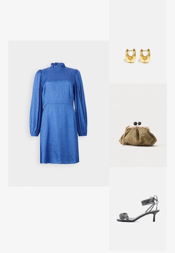 Blaues Kleid mit langen, gepufften Ärmeln, hohem Rüschencollar und strukturiertem Blumenmuster. Der Stoff hat einen glatten Glanz und eine taillierte Taille.; Graue Leder-Pumps mit Absatz, verknotetem Riemen über den Zehen und Wickelriemen um den Knöchel auf schlankem, mittelhohem Absatz vor weißem Hintergrund.; Kleine Clutch mit goldenem und schwarzem geometrischem Muster, goldfarbenem Metallrahmen, schwarzem Kugelverschluss und kurzem goldfarbenem Kettenriemen.; Goldene Creolen mit einem schlanken, abgerundeten Design. Sie verfügen über eine hohle Mitte und eine glänzende Oberfläche, die moderne Stile ergänzen.