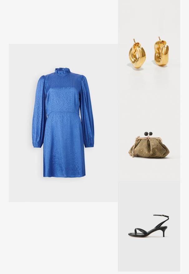 Robe bleue avec de longues manches bouffantes, un col haut à volants et un motif floral texturé. Le tissu a un éclat lisse et une taille cintrée.; Sandale pour femme en cuir noir avec fines lanières, une boucle d'orteil, une boucle à la cheville et un talon aiguille de hauteur moyenne sur un fond neutre.; Petite pochette avec motif géométrique doré et noir, cadre en métal doré, fermeture à boule noire et une courte chaîne dorée.; Boucles d'oreilles créoles en or massif avec un design tubulaire légèrement tordu et des fermoirs à tige sur un fond blanc.