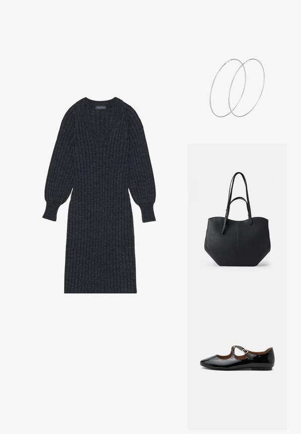 Vestido de punto acanalado en gris oscuro con escote en V y mangas largas tipo globo. Presenta una cintura ajustada y una tela texturizada para proporcionar calor.; Zapato plano Mary Jane de charol negro con dos recortes y una correa con hebilla dorada sobre fondo blanco.; Bolsa tote negra de cuero liso y texturizado, con parte superior redondeada y dobles asas largas. Presenta una base angular para estabilidad y un diseño estructurado.; Pendientes de aro plateados con un diseño minimalista. Forma circular, textura suave y perfil delgado. Livianos con un acabado pulido.