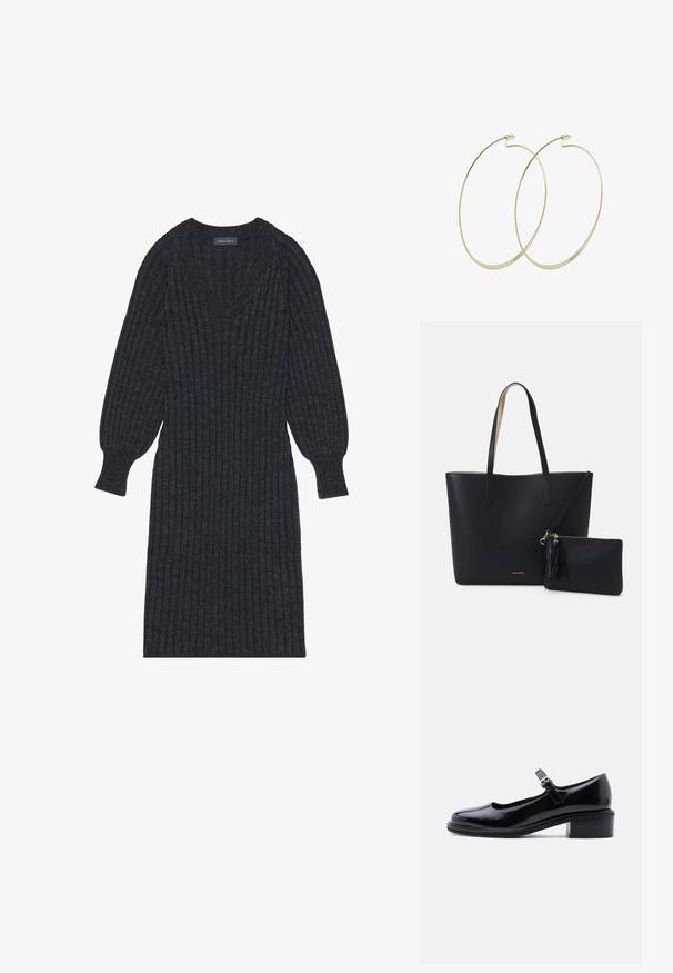 Vestido de punto acanalado en gris oscuro con escote en V y mangas largas tipo globo. Presenta una cintura ajustada y una tela texturizada para proporcionar calor.; Zapato Mary Jane de charol negro con tacón bajo y bloque, correa ajustable con hebilla sobre fondo claro y liso.; Bolsa tote negra con material texturizado, dos asas largas y un bolso con cremallera removible que cuenta con un detalle de borlas. Logo de la marca en dorado visible.; Pilgrim Pendientes - gold-coloured