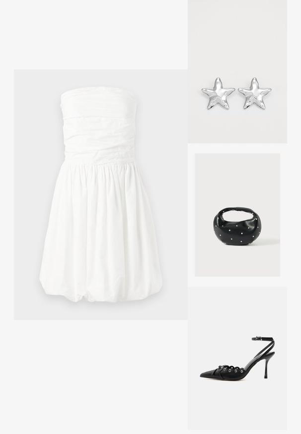 Λευκό strapless φόρεμα με ρουνισμένο μπούστο και gathered φούστα, που έχει απαλή υφή και κοντό φούστα σε σχήμα μπαλονιού.; Μαύρο γυναικείο παπούτσι με ψηλό τακούνι και μυτερή μύτη, με κυματιστά άκρα, μεταλλικά πόρπες, κορδόνια μπροστά και λουράκι στον αστράγαλο με κούμπωμα.; Μαύρη δερμάτινη τσάντα χειρός με στρογγυλεμένο σχήμα, διακοσμημένη με ασημένιες λεπτομέρειες με καρφιά και κοντή λαβή. Λείο υλικό και κλείσιμο με φερμουάρ.; Ασημένια σκουλαρίκια σε σχήμα αστεριού με γυαλιστερή, λουστραρισμένη επιφάνεια. Κάθε σκουλαρίκι διαθέτει πέντε ακτίνες και λεπτές υφασματικές λεπτομέρειες στην επιφάνεια.