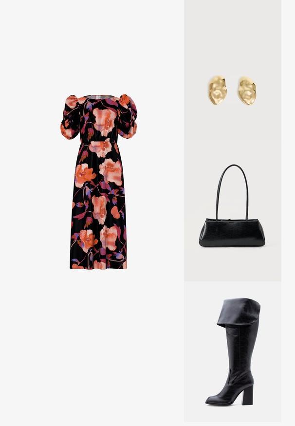 Vestido floral con mangas abullonadas, con grandes flores naranjas y rosas sobre un fondo negro. Hecho de tela suave, con diseño de longitud media.; Bota alta negra de cuero con tacón, puño doblado y punta redonda, de pie sobre un fondo blanco.; Bolso de hombro rectangular negro con correas largas y delgadas y una textura lisa y brillante sobre un fondo liso.; Par de pendientes de metal dorado brillante, con forma irregular y superficie arrugada y lisa sobre un fondo claro y sencillo.