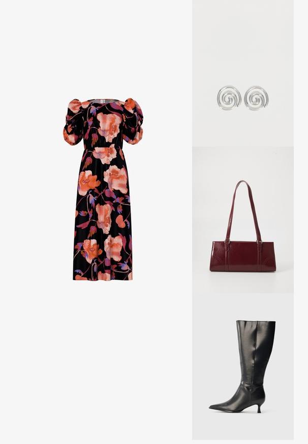 Vestido floral con mangas abullonadas, con grandes flores naranjas y rosas sobre un fondo negro. Hecho de tela suave, con diseño de longitud media.; Bota negra de cuero hasta la rodilla, con punta afilada y tacón bajo tipo kitten, mostrada sobre un fondo claro y sencillo.; Bolso burdeos hecho de material brillante, de forma rectangular, con dos asas para el hombro y sutiles acentos curvados en la parte frontal.; Par de pendientes de aro espiral plateados con diseño liso y redondeado sobre un fondo blanco liso.