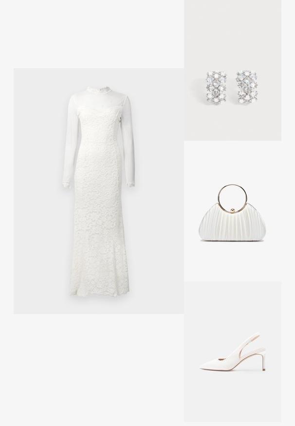 Longue robe blanche en dentelle avec des manches longues translucides, un col en dentelle haut et des bords festonnés aux poignets et à l'ourlet.; Escarpin blanc à talon haut avec bride arrière, pointe pointue, finition texturée et bord festonné sur le côté.; Sac à main plissé blanc avec une poignée circulaire en or, doté d'un tissu doux et d'une forme arrondie. Design élégant avec une finition texturée.; Paire de boucles d'oreilles ton argent avec plusieurs cristaux clairs facettés disposés en motif géométrique.