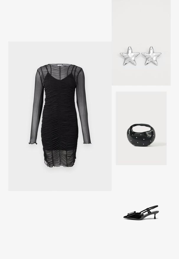 Vestido negro de manga larga hecho de tela sheer fruncida. Cuenta con un escote en V y una silueta ajustada, con un ligero volante en los puños de las mangas.; Zapatos de tacón slingback de charol negro con punta afilada, detalle de lazo en el frente y un pequeño tacón de aguja. Las correas tienen hebillas ajustables.; Bolso de mano de cuero negro con forma redondeada, decorado con detalles de tachuelas plateadas y un asa corta. Textura lisa y cierre con cremallera.; Pendientes en forma de estrella plateada con una superficie pulida y brillante. Cada pendiente presenta cinco puntas y sutiles detalles de textura en la superficie.