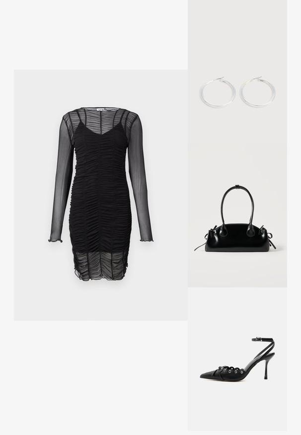Vestido negro de manga larga hecho de tela sheer fruncida. Cuenta con un escote en V y una silueta ajustada, con un ligero volante en los puños de las mangas.; Zapato de tacón alto negro con punta fina, bordes ondulados, ojales metálicos, cordones delanteros y una correa en el tobillo con cierre de hebilla.; Pequeño bolso negro brillante con dos asas largas y detalles de cordón lateral sobre un fondo claro liso.; Pareja de pendientes de aro plateados brillantes con cierres de alambre delgado, mostrados sobre un fondo gris claro.