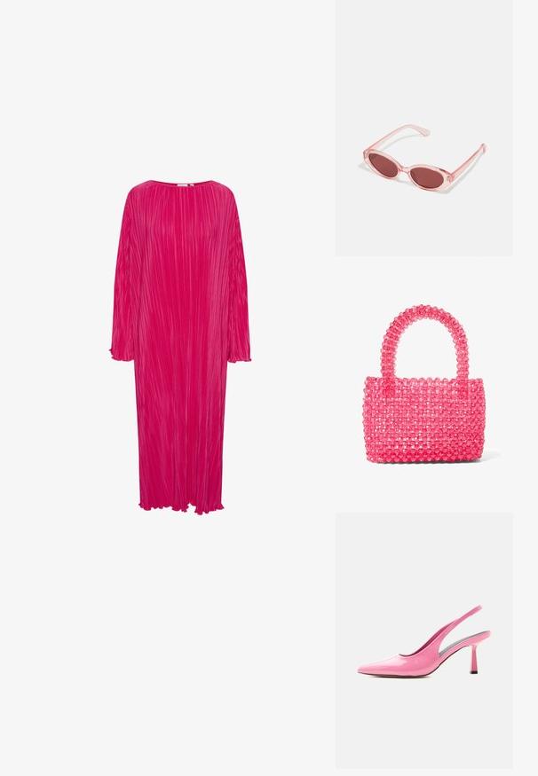 Lang, loszittend, felroze jurk met verticale plooien, ronde halslijn en lange mouwen; heeft rafelige mouwen en zoomranden.; Glanzende roze slingback pump met puntige neus en hak met gemiddelde hoogte op een witte achtergrond.; Roze transparante zonnebril met ovale lenzen, donkerrode tint en slanke pootjes, met een gladde afwerking en subtiele details op het frame.; Kleine felroze handtas gemaakt van doorschijnende ronde kralen met een stevige kralenhandgreep.