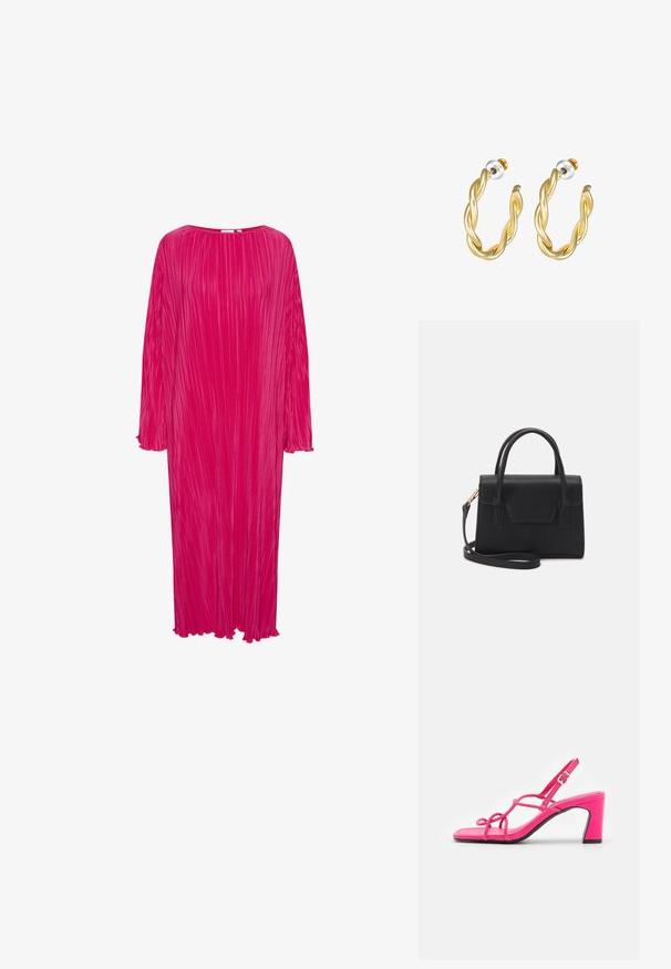 Lang, loszittend, felroze jurk met verticale plooien, ronde halslijn en lange mouwen; heeft rafelige mouwen en zoomranden.; Marks & Spencer CERISE STRAPPY - Sandalen - cerise; Zwarte gestructureerde handtas van leer met een bovenhandvat, een afneembare schouderriem en een voorflapdetail. Gouden hardwareaccenten.; Gouden gedraaide oorringen met een gladde afwerking, voorzien van een transparante achterkant en goudkleurige hardware.