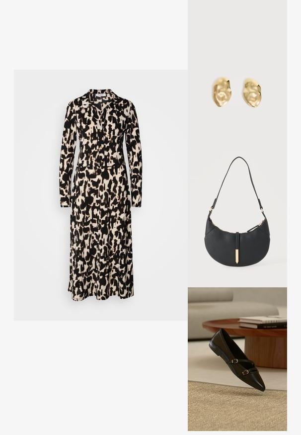Robe à manches longues avec un motif abstrait noir et beige. Dotée d'un col et de boutons sur le devant, fabriquée en tissu léger.; Chaussure plate noire à bout pointu avec deux fines brides à boucle flottant au-dessus d'un tapis beige, avec une table basse en bois et des livres en arrière-plan.; Sac à main noir en forme de croissant avec une bandoulière unique, une fermeture éclair dorée et une languette décorative rectangulaire dorée à l'avant.; Paire de boucles d'oreilles en métal doré brillant, de forme irrégulière, avec une surface froissée et lisse sur un fond clair uni.