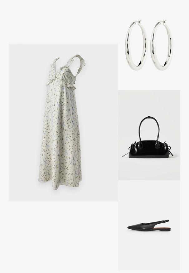 Vestido floral de tela beige claro con patrones en verde y azul, con tirantes con volantes y un diseño fluido hasta el tobillo.; Zapato de cuero negro tipo slingback con punta afilada, ligero brillo y correa ajustable en el tobillo. Tacón plano con plantilla marrón.; Pequeño bolso negro brillante con dos asas largas y detalles de cordón lateral sobre un fondo claro liso.; Pendientes de aro de plata con una superficie lisa y reflectante. Forma redonda y grande con un cierre seguro en la parte superior. El acabado pulido resalta el brillo.
